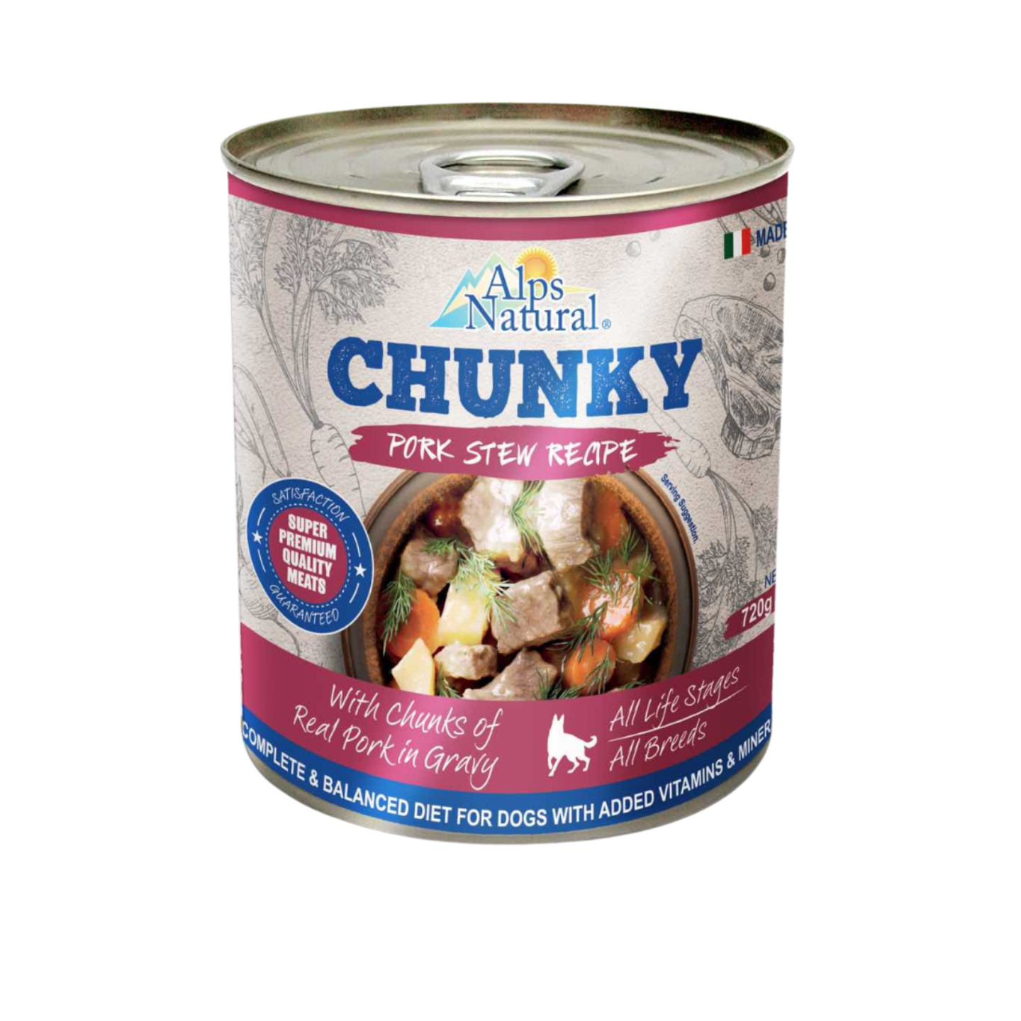 Alps Natural Chunky Pork Stew Recipe Wet Dog Food 720g Can Singapore