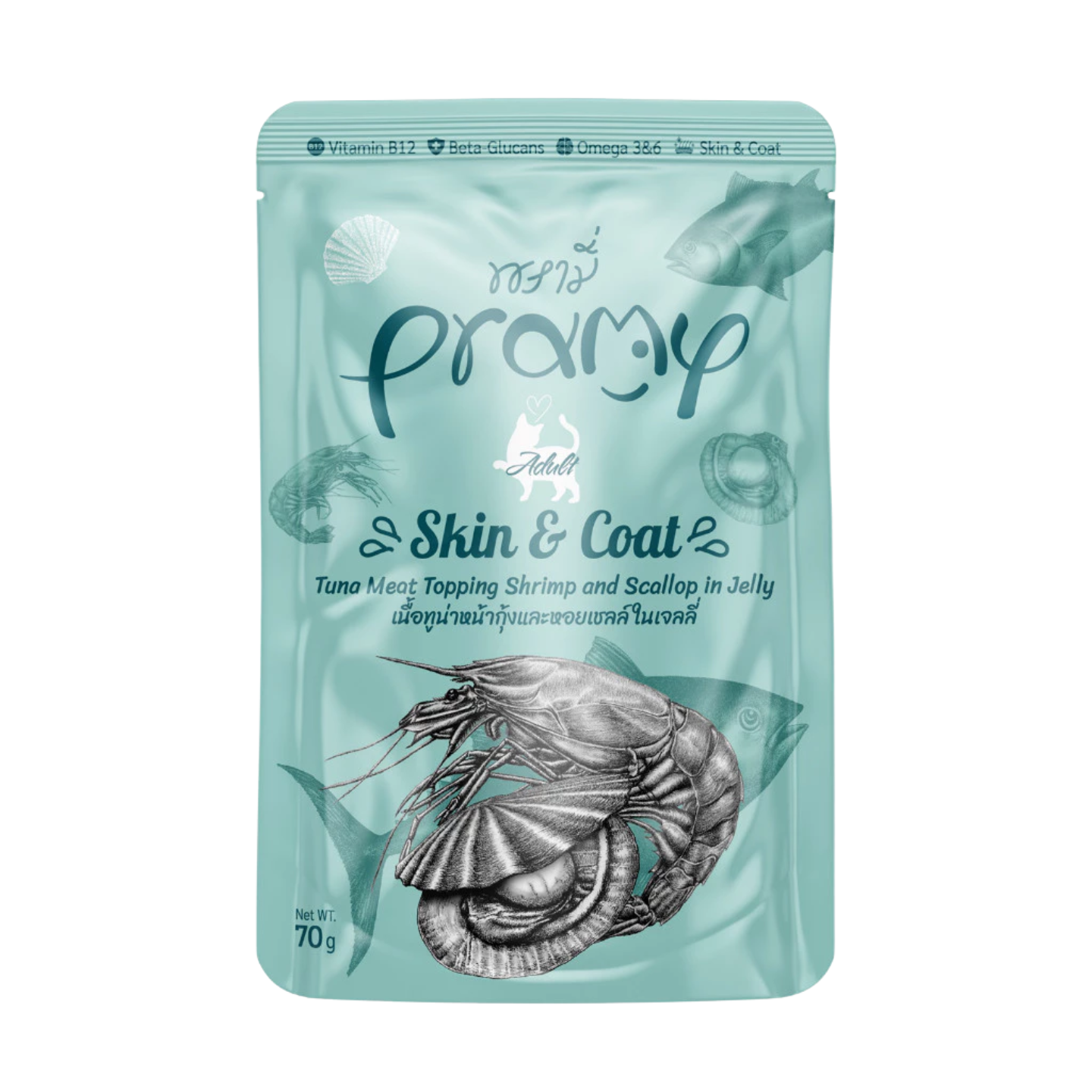 Pramy Adult Skin & Coat Tuna with Shrimp and Scallop Topping 12 Pouches Singapore