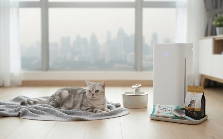 Cat looking out a window during the singapore haze