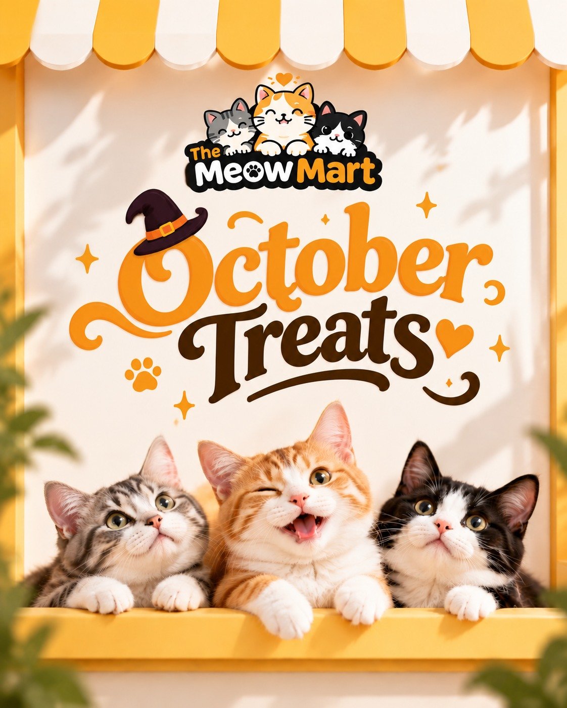 The Meow Mart October Treats promotional banner featuring cute cats and pet food discounts in Singapore