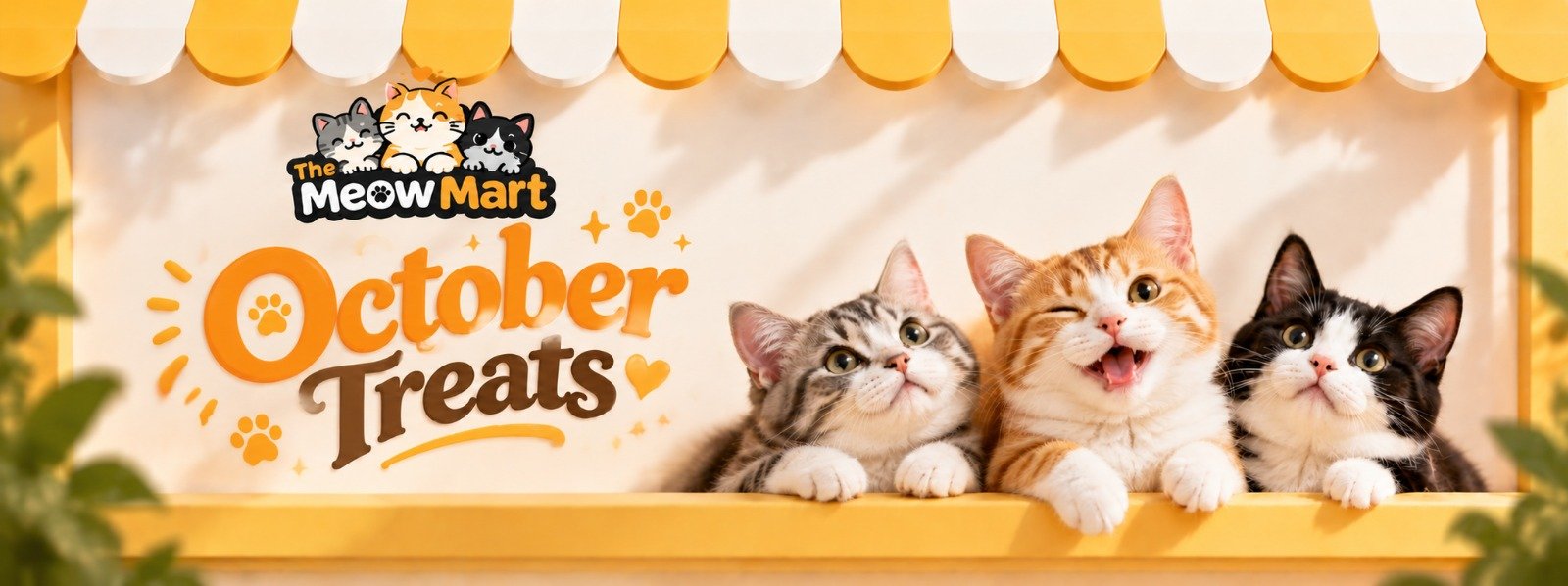 The Meow Mart October Treats promotional banner featuring cute cats and pet food discounts in Singapore