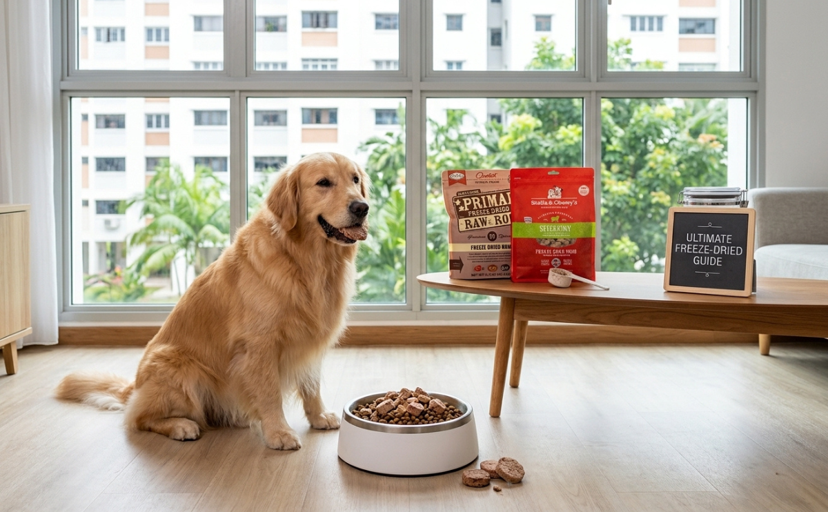 freeze dried pet food in a bowl with primal and stella and chewys packages in a singapore apartment