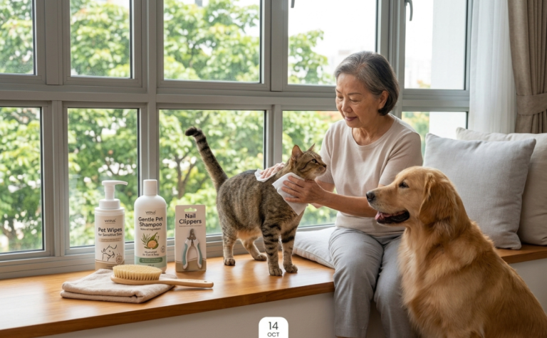 Indoor cat grooming in a Singapore HDB apartment, showing a pet owner using gentle pet wipes on a tabby cat next to a bottle of neutral cat grooming shampoo, a grooming brush, and a Golden Retriever.