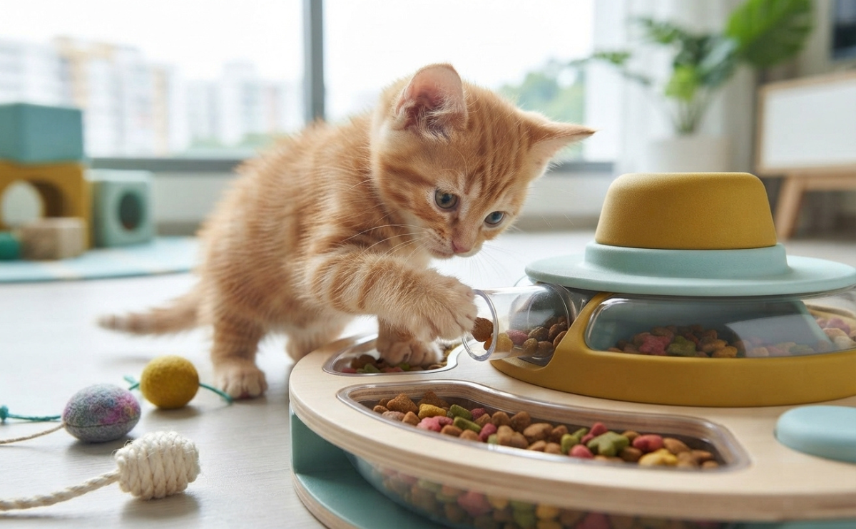 Playful ginger kitten eating dry kitten kibble from an interactive feeder to represent the best kitten food and dry kibble in Singapore.